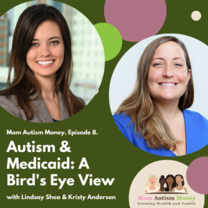 Green background with pink and green dots. Picture of two women. Text reads "Mom Autism Money. Episode 8. Autism & Medicaid: A Bird's Eye View with Lindsay Shea and Kristy Anderson'