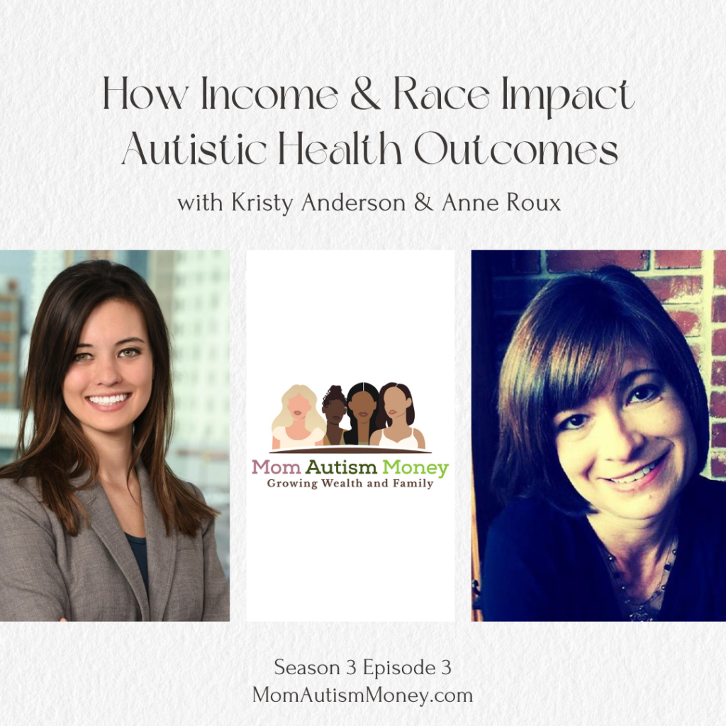 Three vertical images in a row on a light grey textured background. First image is Kristy Anderson in a brown blazer against a blurred, cityscape background. Second image is Mom Autism Money Logo that reads 'Growing Wealth and Family'. Third image is Anne Roux wearing a black shirt against a brick background. Text reads ‘How Income and Race Impact Autistic Health Outcomes, Season 3 Episode 3, MomAutismMoney.com’